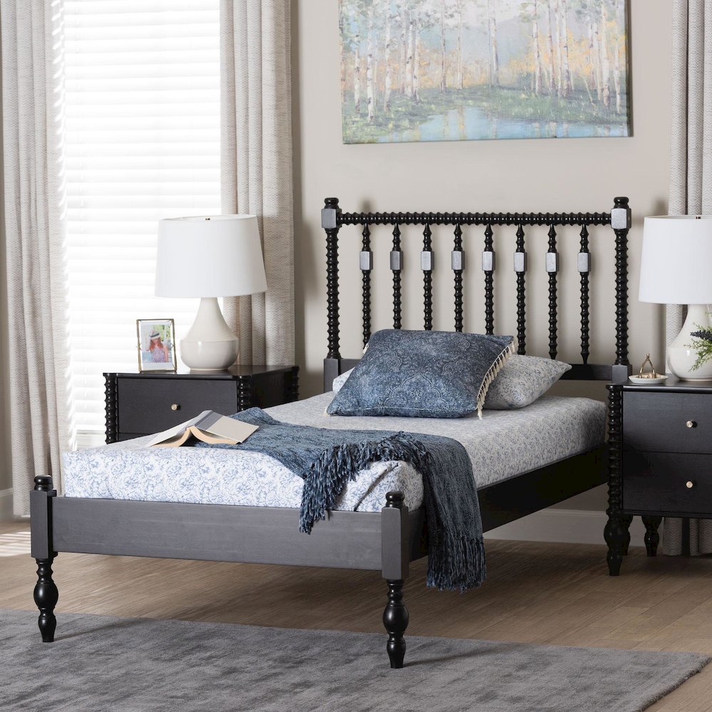 Platform Bed - Turned Bed Frame with Headboard and Sculpted Legs, Black, Twin. Picture 2