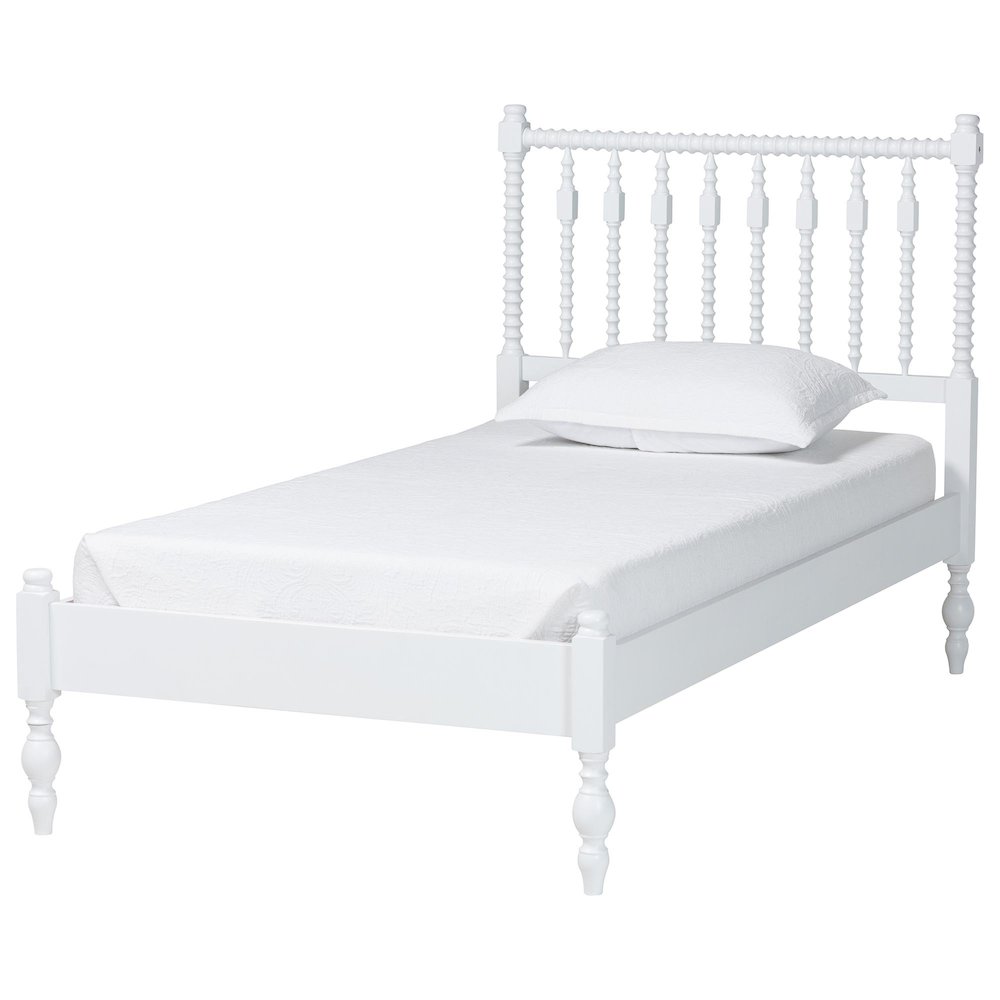Platform Bed - Turned Bed Frame with Headboard and Sculpted Legs, White, Twin. Picture 1