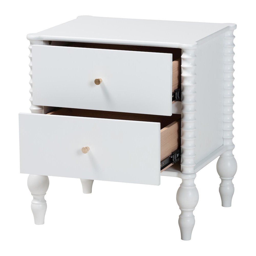 Nightstand - 2-Drawer Bedside Table with Turned Accents for Bedroom, White. Picture 3