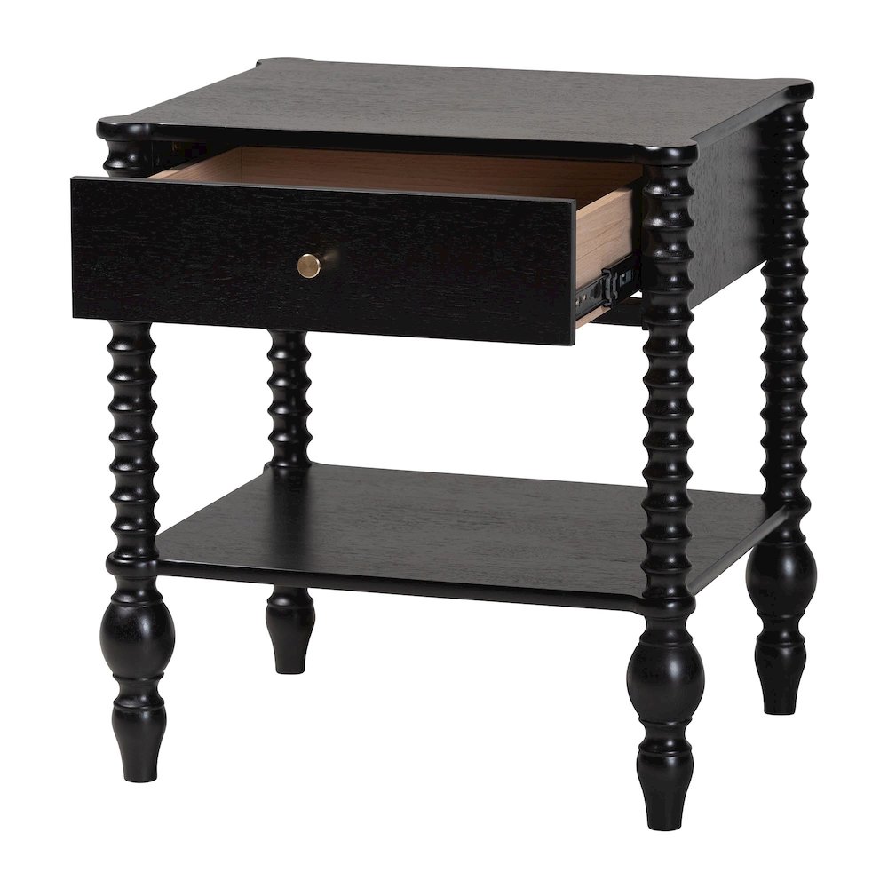 Nightstand - 1-Drawer Bedside Table with Open Shelf Storage, Black. Picture 3