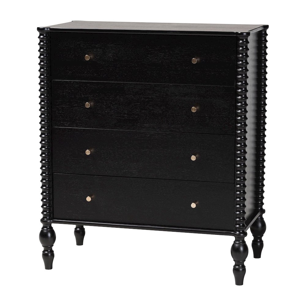 Chest - 4-Drawer Vertical Cabinet with Turned Accents for Bedroom, Black. Picture 1