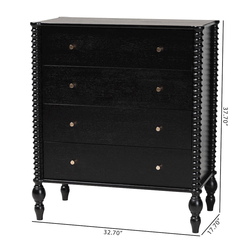 Chest - 4-Drawer Vertical Cabinet with Turned Accents for Bedroom, Black. Picture 11