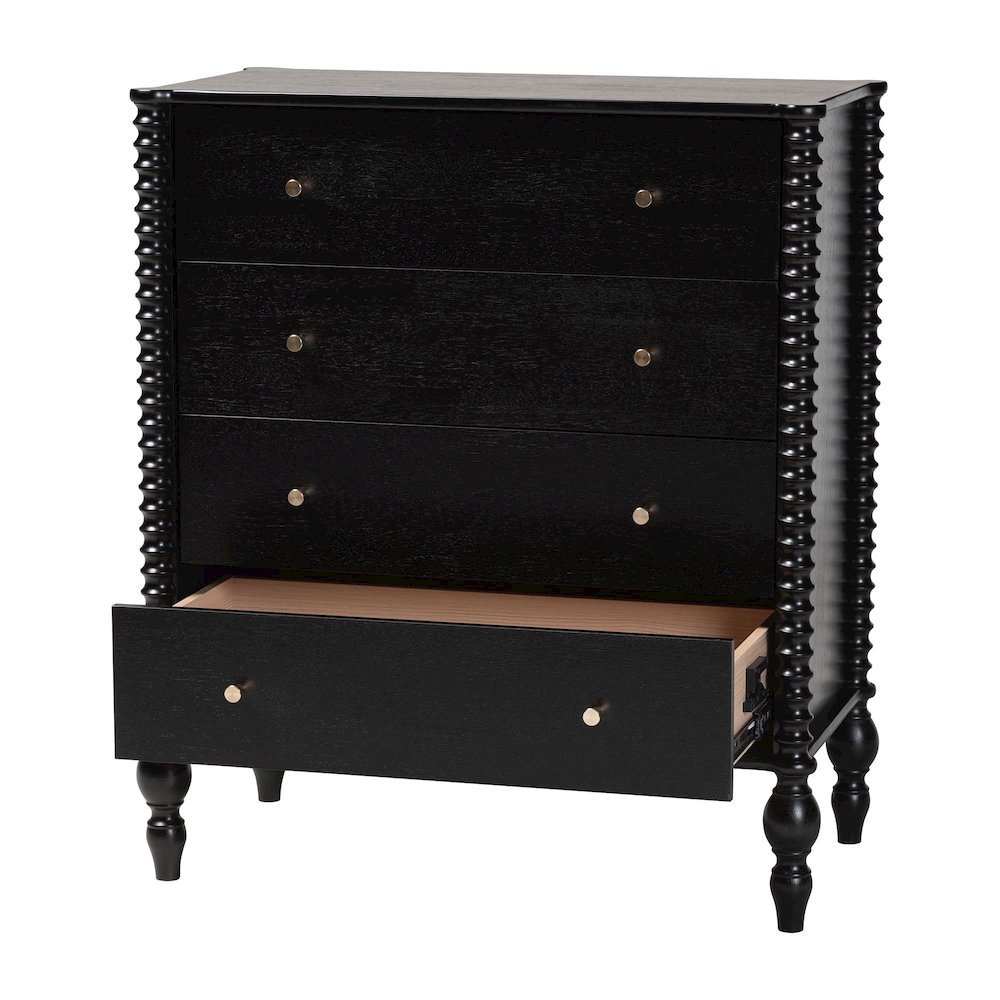 Chest - 4-Drawer Vertical Cabinet with Turned Accents for Bedroom, Black. Picture 3