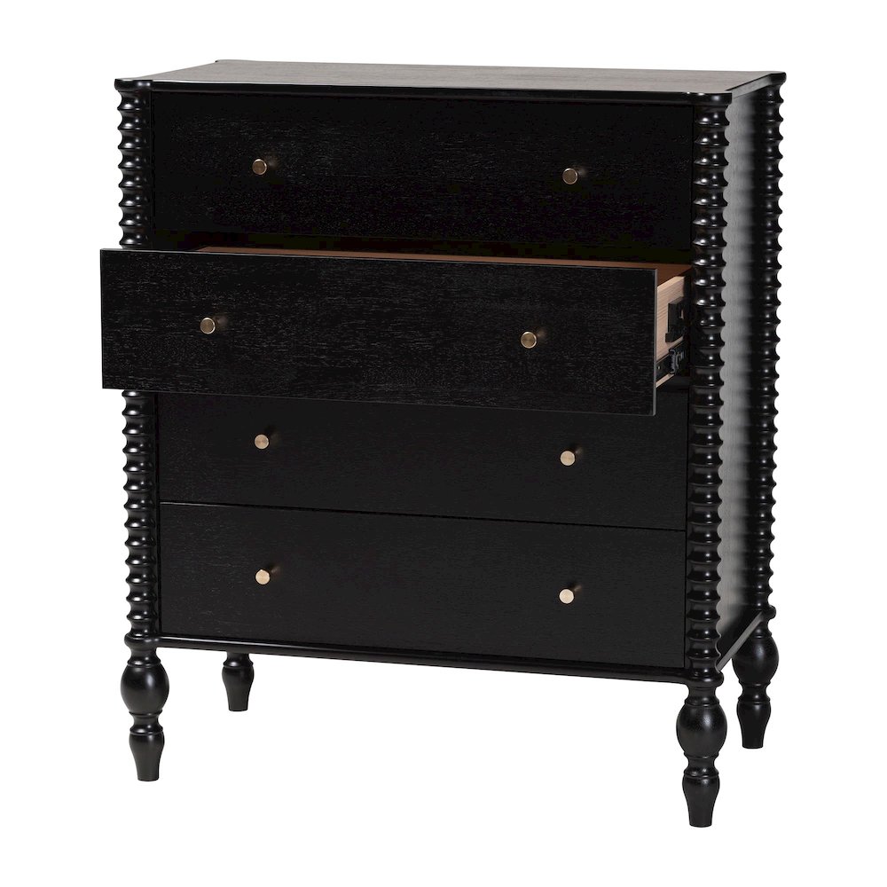 Chest - 4-Drawer Vertical Cabinet with Turned Accents for Bedroom, Black. Picture 4