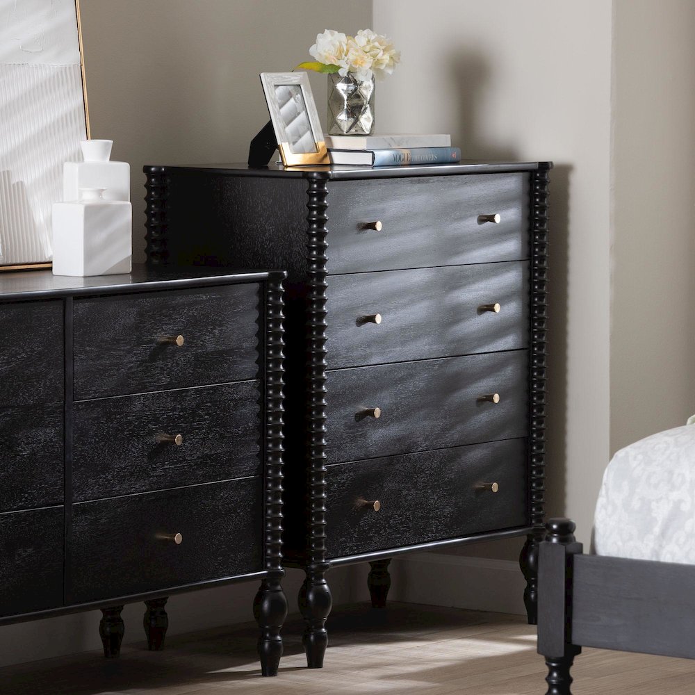 Chest - 4-Drawer Vertical Cabinet with Turned Accents for Bedroom, Black. Picture 2