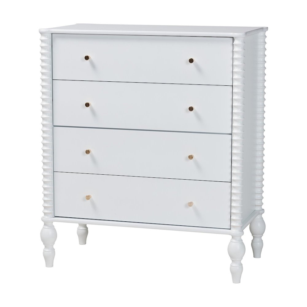 Chest - 4-Drawer Vertical Cabinet with Turned Accents for Bedroom, White. Picture 1
