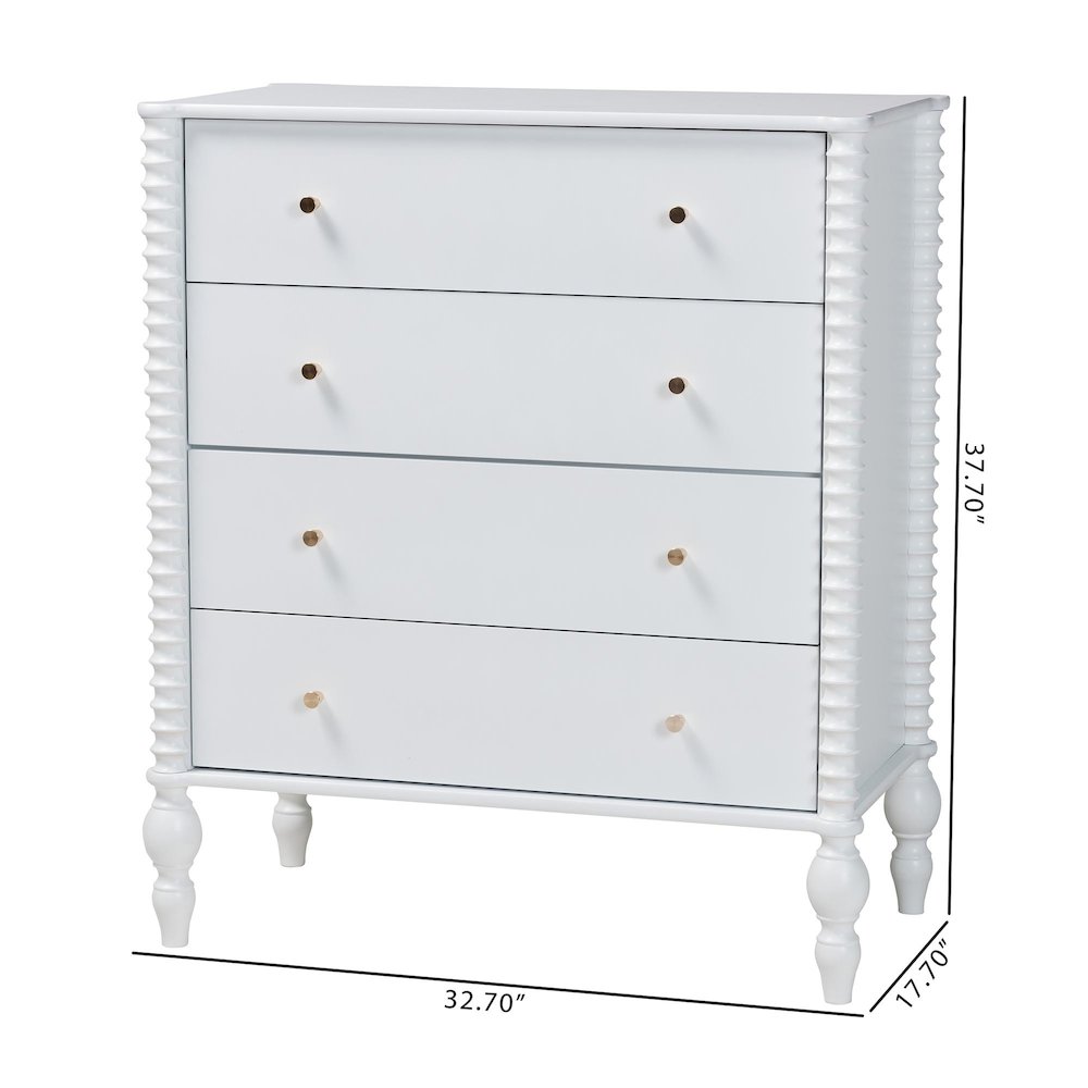Chest - 4-Drawer Vertical Cabinet with Turned Accents for Bedroom, White. Picture 11