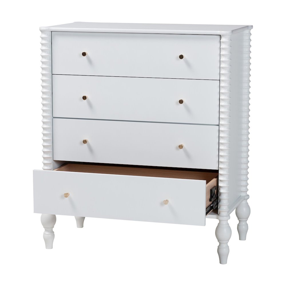Chest - 4-Drawer Vertical Cabinet with Turned Accents for Bedroom, White. Picture 3