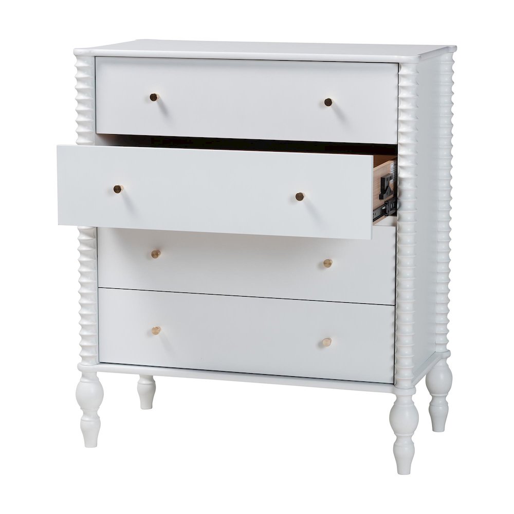 Chest - 4-Drawer Vertical Cabinet with Turned Accents for Bedroom, White. Picture 4