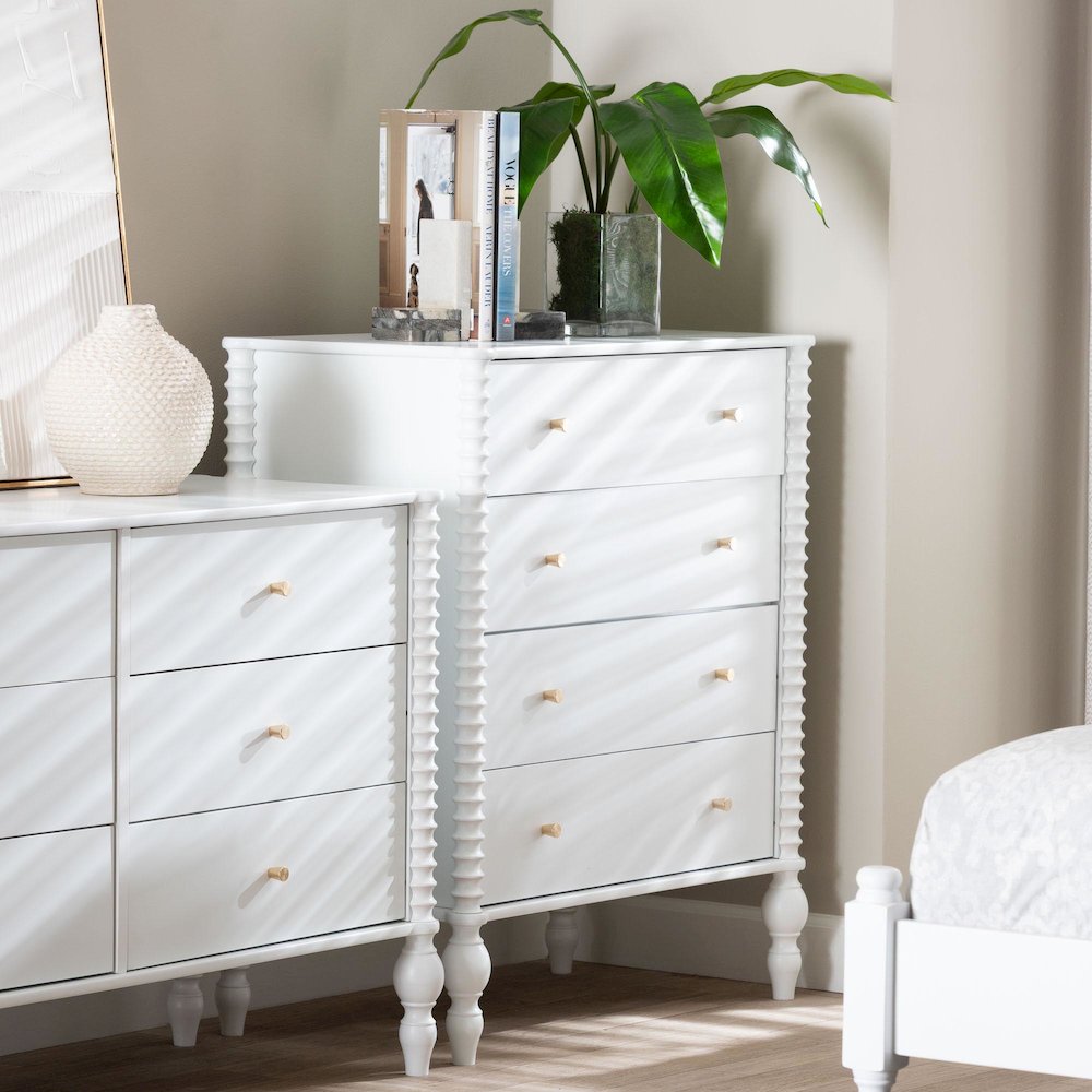Chest - 4-Drawer Vertical Cabinet with Turned Accents for Bedroom, White. Picture 2