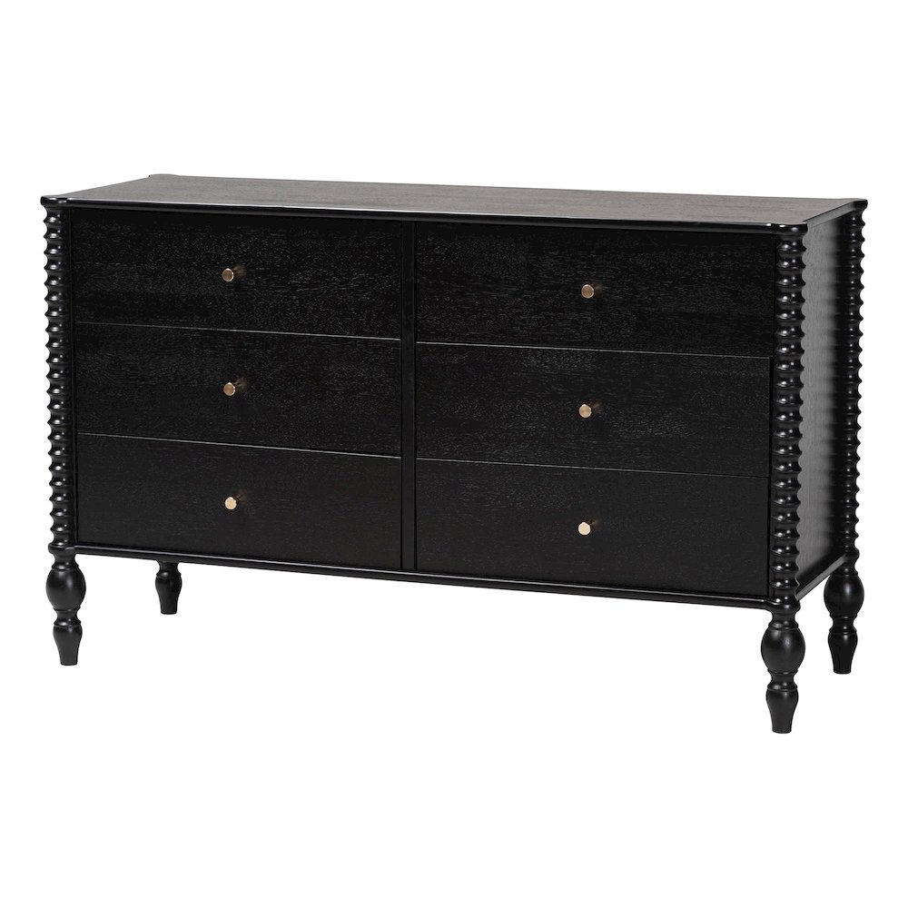 Dresser - 6-Drawer Horizontal Cabinet with Turned Accents for Bedroom, Black. Picture 1