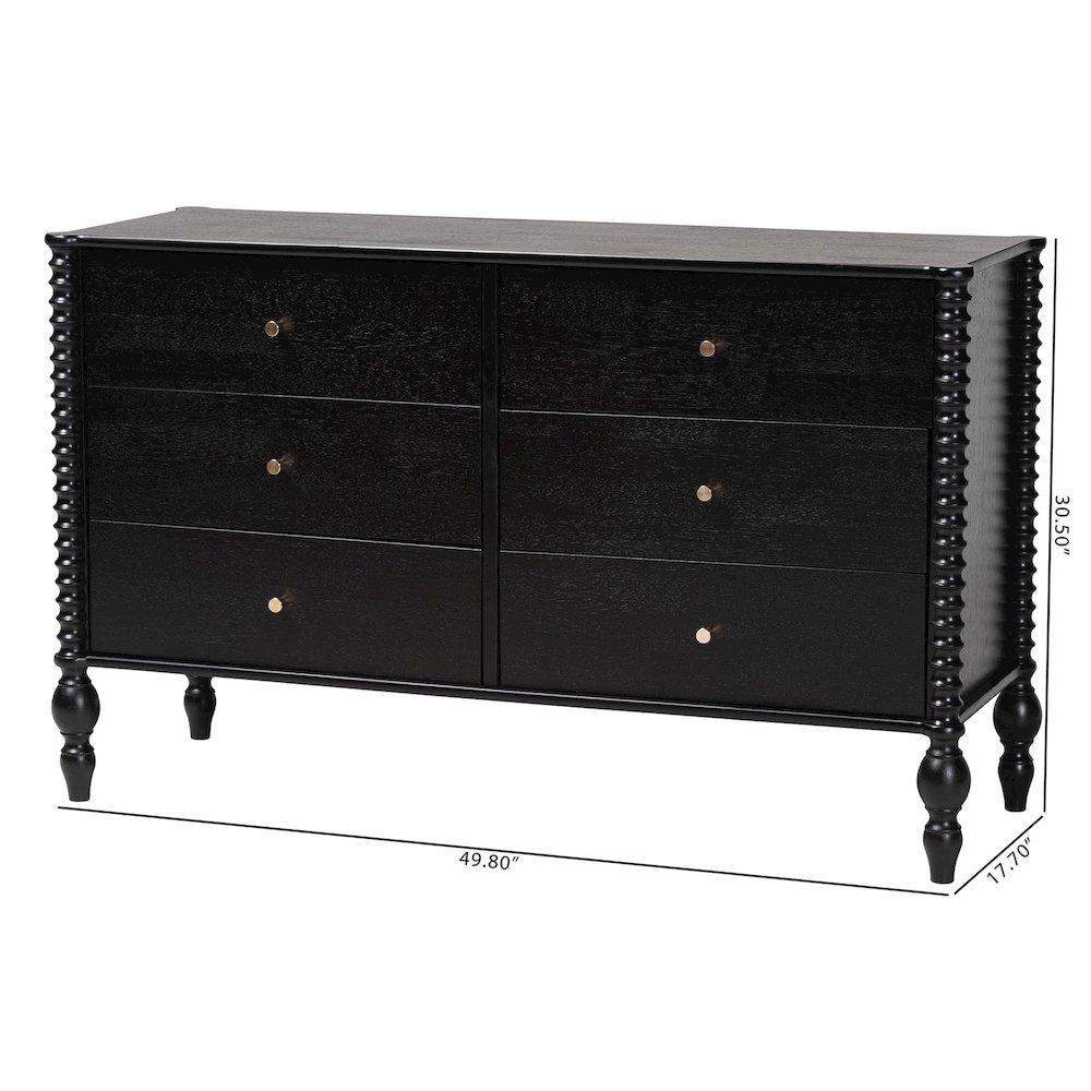 Dresser - 6-Drawer Horizontal Cabinet with Turned Accents for Bedroom, Black. Picture 11