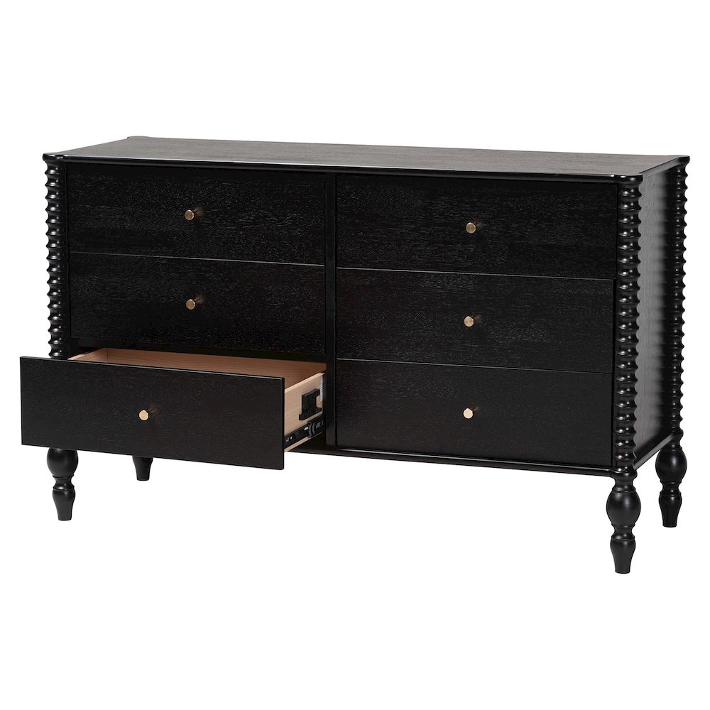 Dresser - 6-Drawer Horizontal Cabinet with Turned Accents for Bedroom, Black. Picture 3