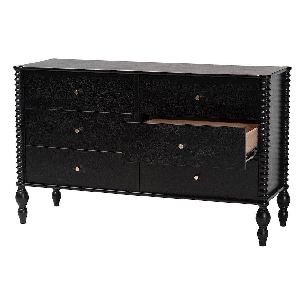 Dresser - 6-Drawer Horizontal Cabinet with Turned Accents for Bedroom, Black. Picture 4