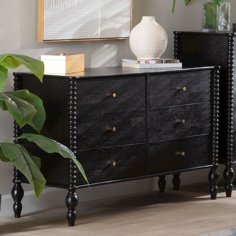 Dresser - 6-Drawer Horizontal Cabinet with Turned Accents for Bedroom, Black. Picture 2