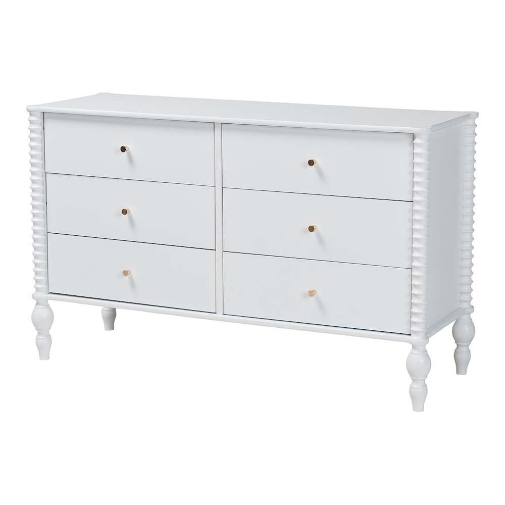 Dresser - 6-Drawer Horizontal Cabinet with Turned Accents for Bedroom, White. Picture 1