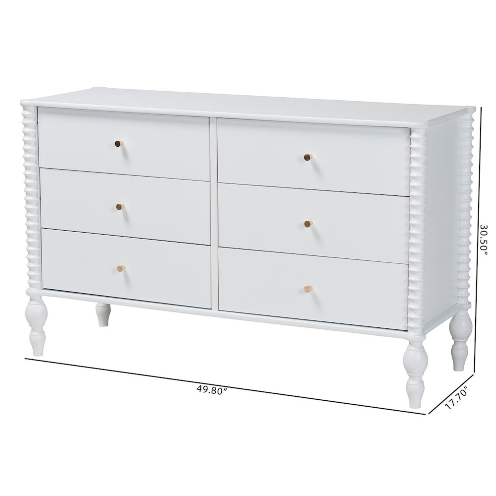 Dresser - 6-Drawer Horizontal Cabinet with Turned Accents for Bedroom, White. Picture 11