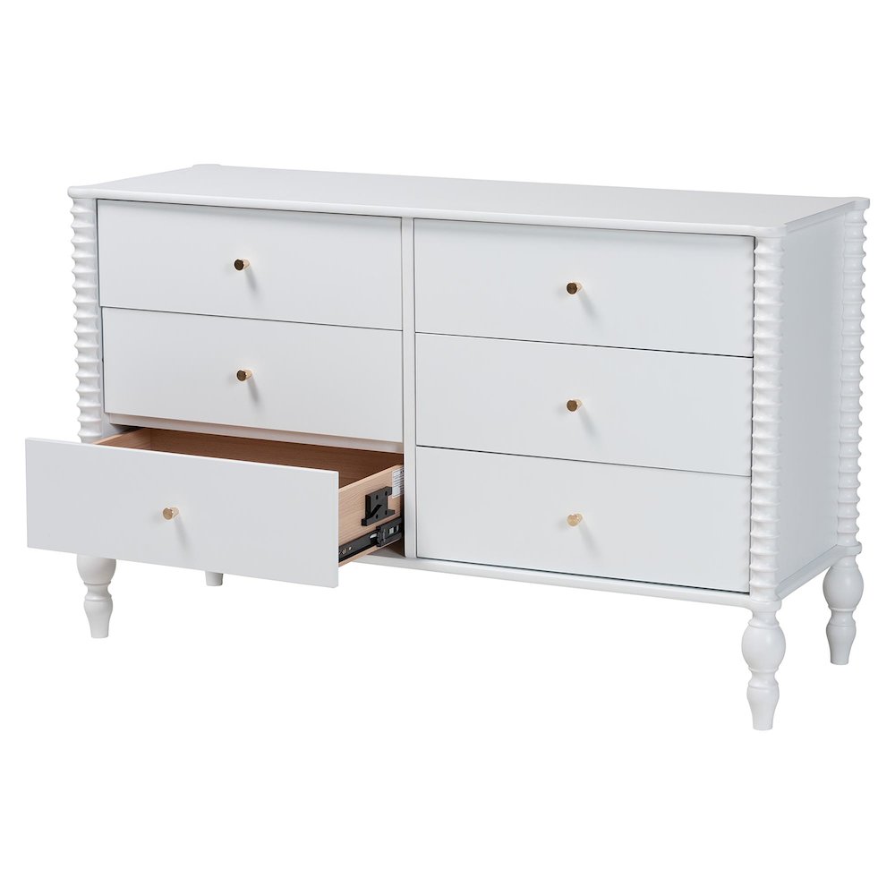 Dresser - 6-Drawer Horizontal Cabinet with Turned Accents for Bedroom, White. Picture 3
