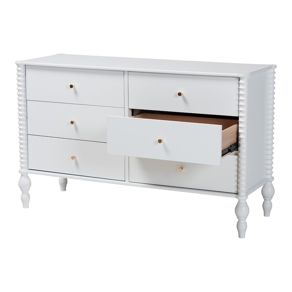 Dresser - 6-Drawer Horizontal Cabinet with Turned Accents for Bedroom, White. Picture 4