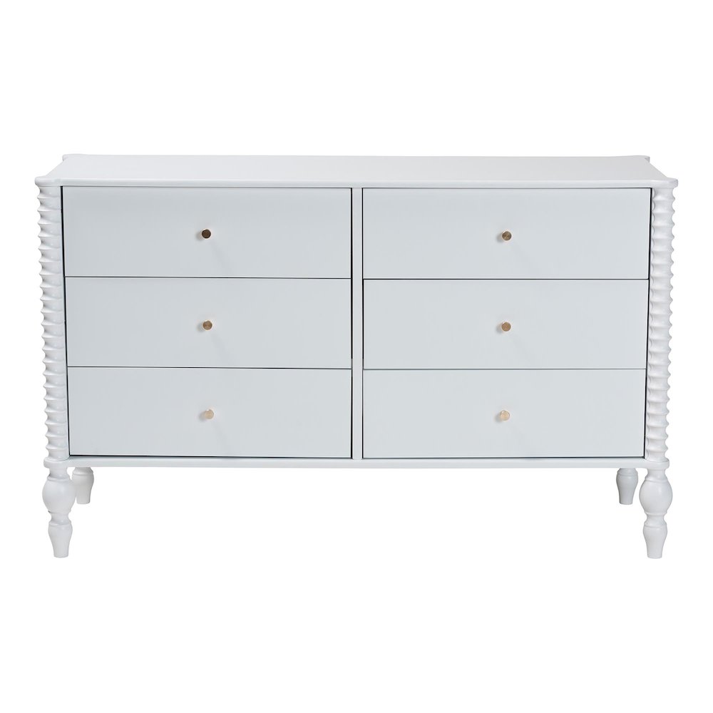 Dresser - 6-Drawer Horizontal Cabinet with Turned Accents for Bedroom, White. Picture 5