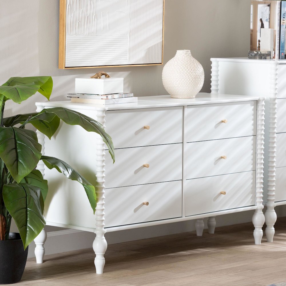 Dresser - 6-Drawer Horizontal Cabinet with Turned Accents for Bedroom, White. Picture 2