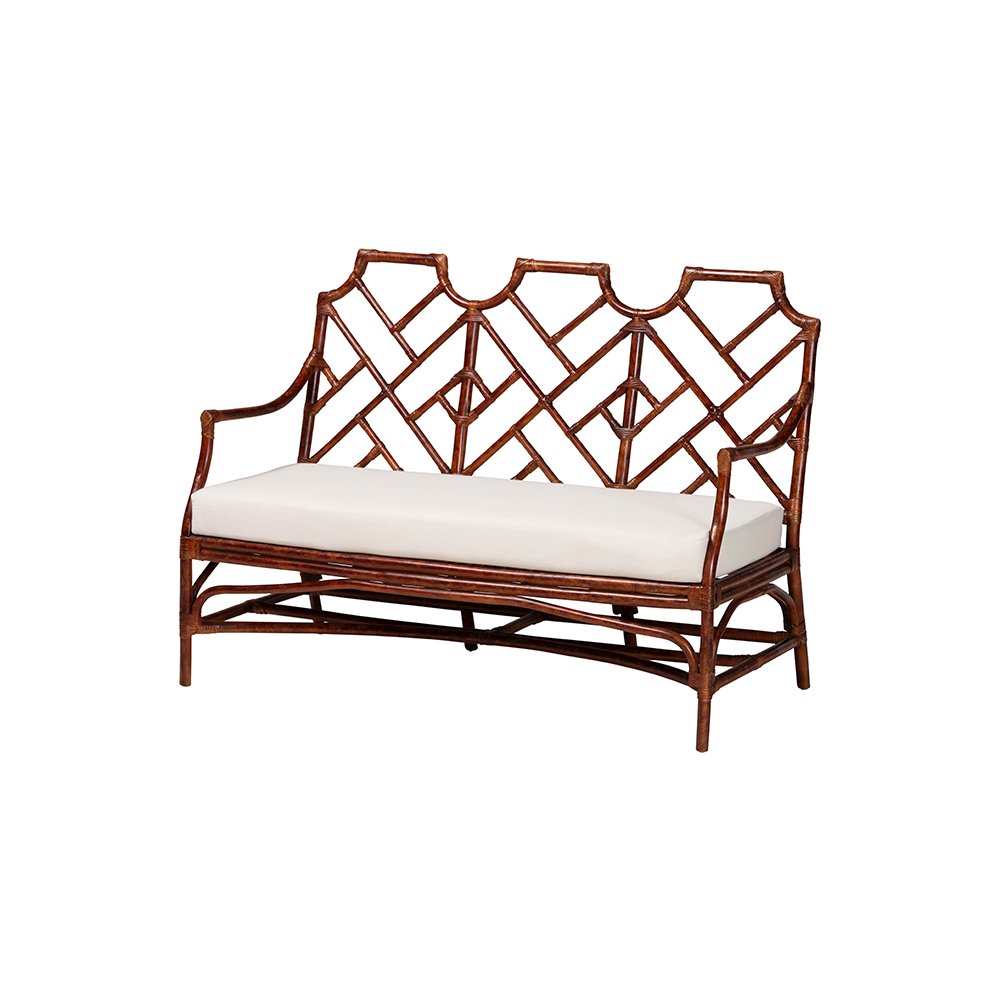 Aella Tortoise Rattan Loveseat Bench with Cushion, Curved Arms, Boho. Picture 1