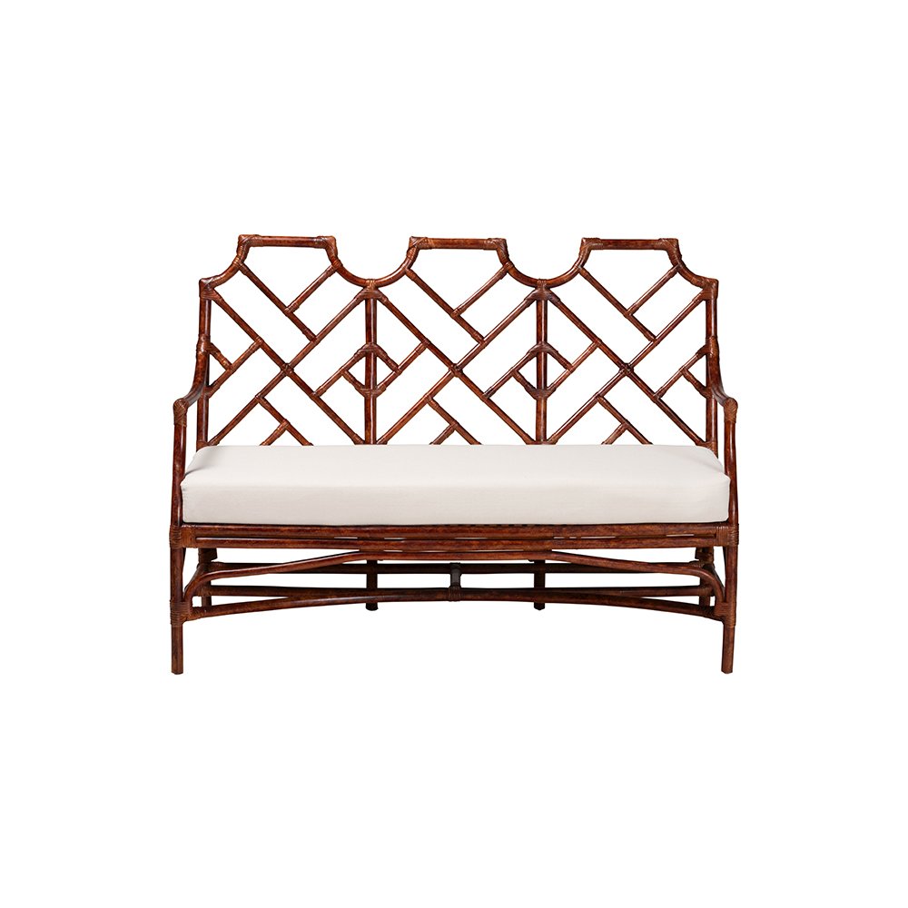 Aella Tortoise Rattan Loveseat Bench with Cushion, Curved Arms, Boho. Picture 3