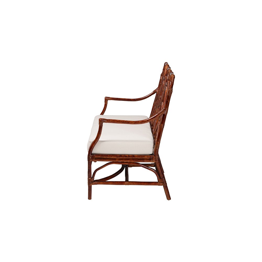 Aella Tortoise Rattan Loveseat Bench with Cushion, Curved Arms, Boho. Picture 4