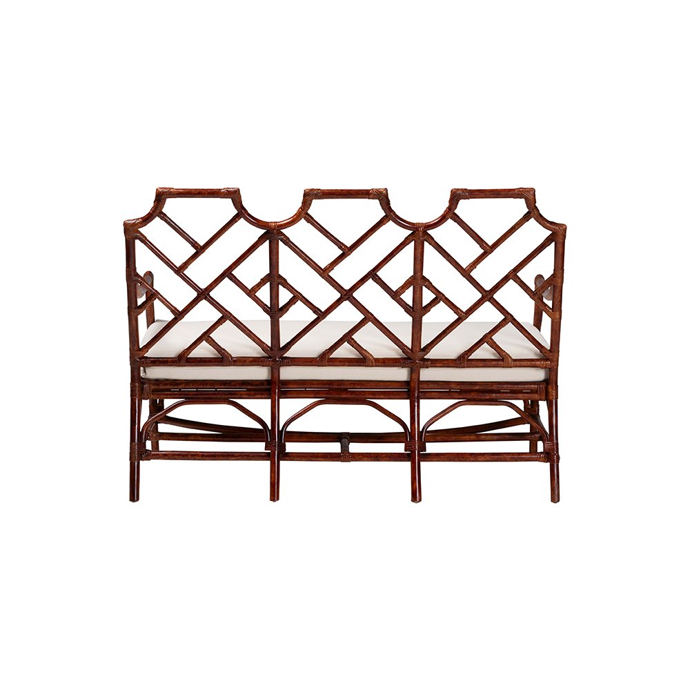 Aella Tortoise Rattan Loveseat Bench with Cushion, Curved Arms, Boho. Picture 5