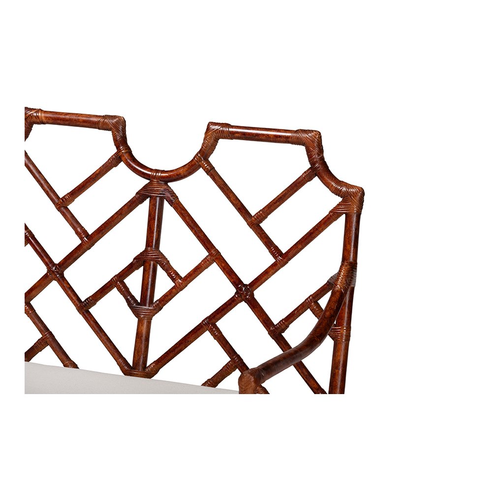 Aella Tortoise Rattan Loveseat Bench with Cushion, Curved Arms, Boho. Picture 6