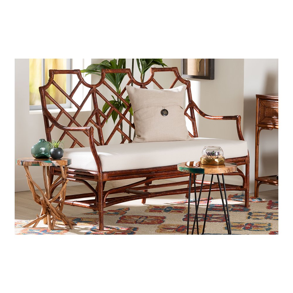 Aella Tortoise Rattan Loveseat Bench with Cushion, Curved Arms, Boho. Picture 2
