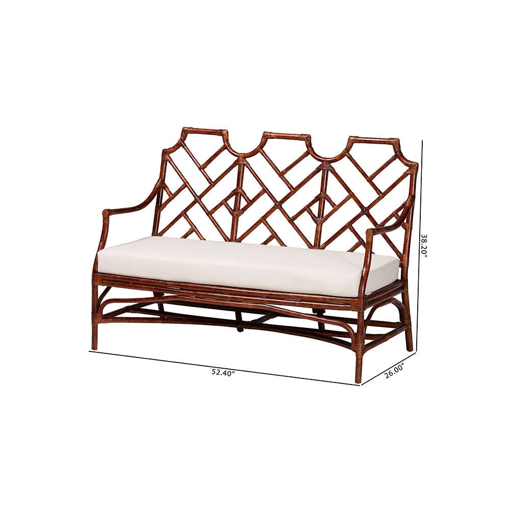 Aella Tortoise Rattan Loveseat Bench with Cushion, Curved Arms, Boho. Picture 10