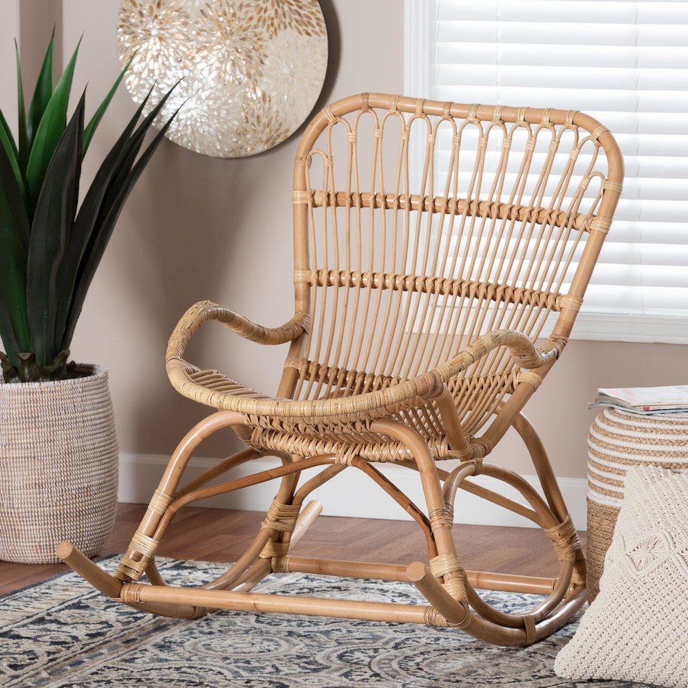 Mahin Natural Rattan Rocking Wicker Accent Rocker with Curved Armrests. Picture 2