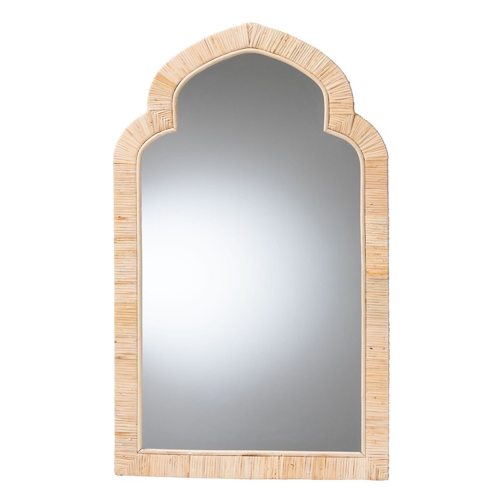 Plautilla Natural Rattan Arched Wall Mirror - Hand Wrapped Wicker Accent Mirror. Picture 1