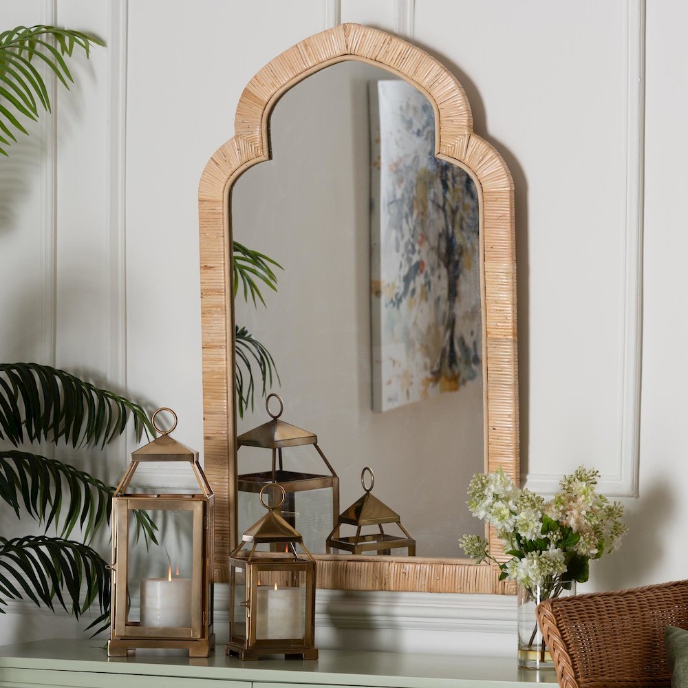 Plautilla Natural Rattan Arched Wall Mirror - Hand Wrapped Wicker Accent Mirror. Picture 2
