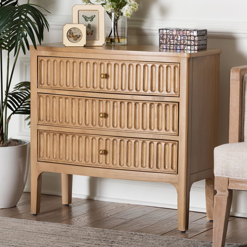 3-Drawer Storage Wood Chest with Textured Drawer Fronts and Round Knobs. Picture 2