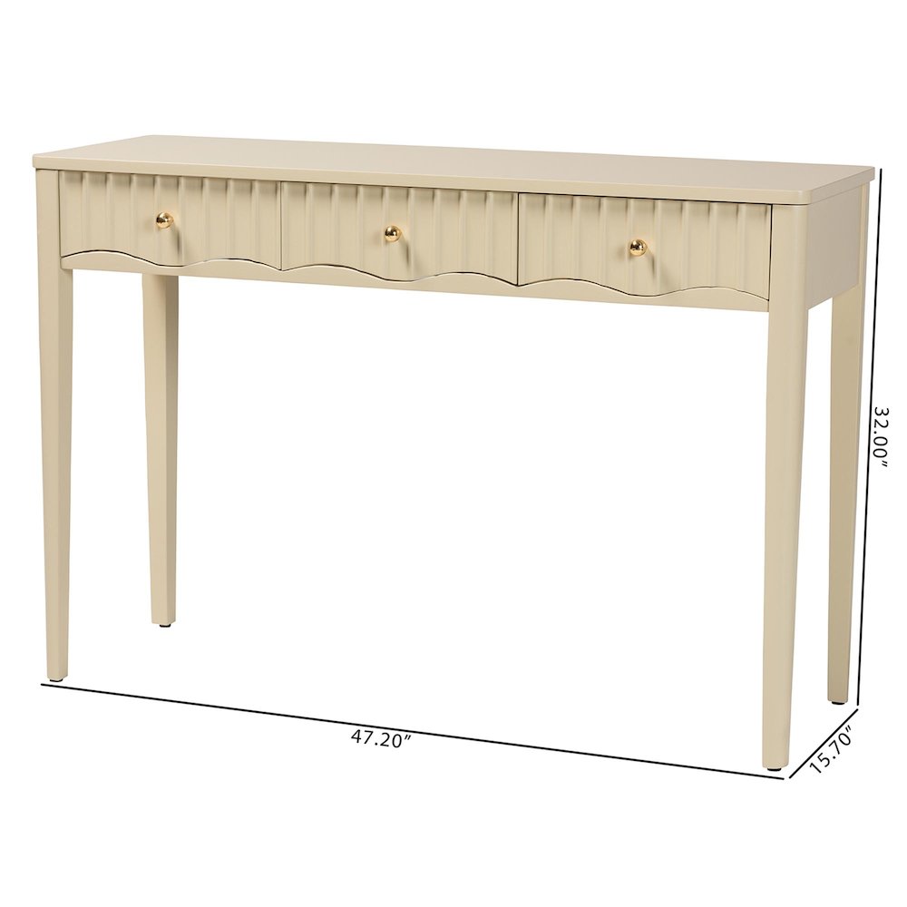 Console Table - 3-Drawer Accent Table with Fluted Wood and Scalloped Framing. Picture 9