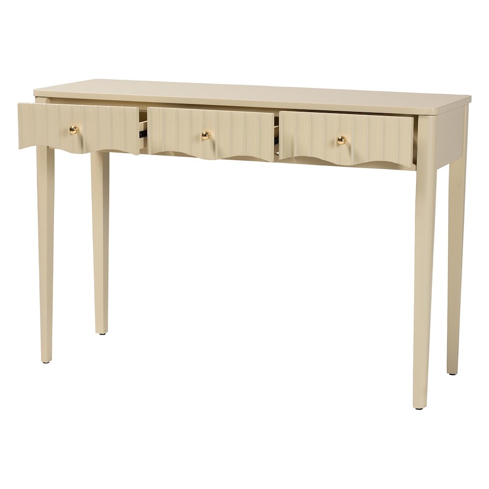 Console Table - 3-Drawer Accent Table with Fluted Wood and Scalloped Framing. Picture 3