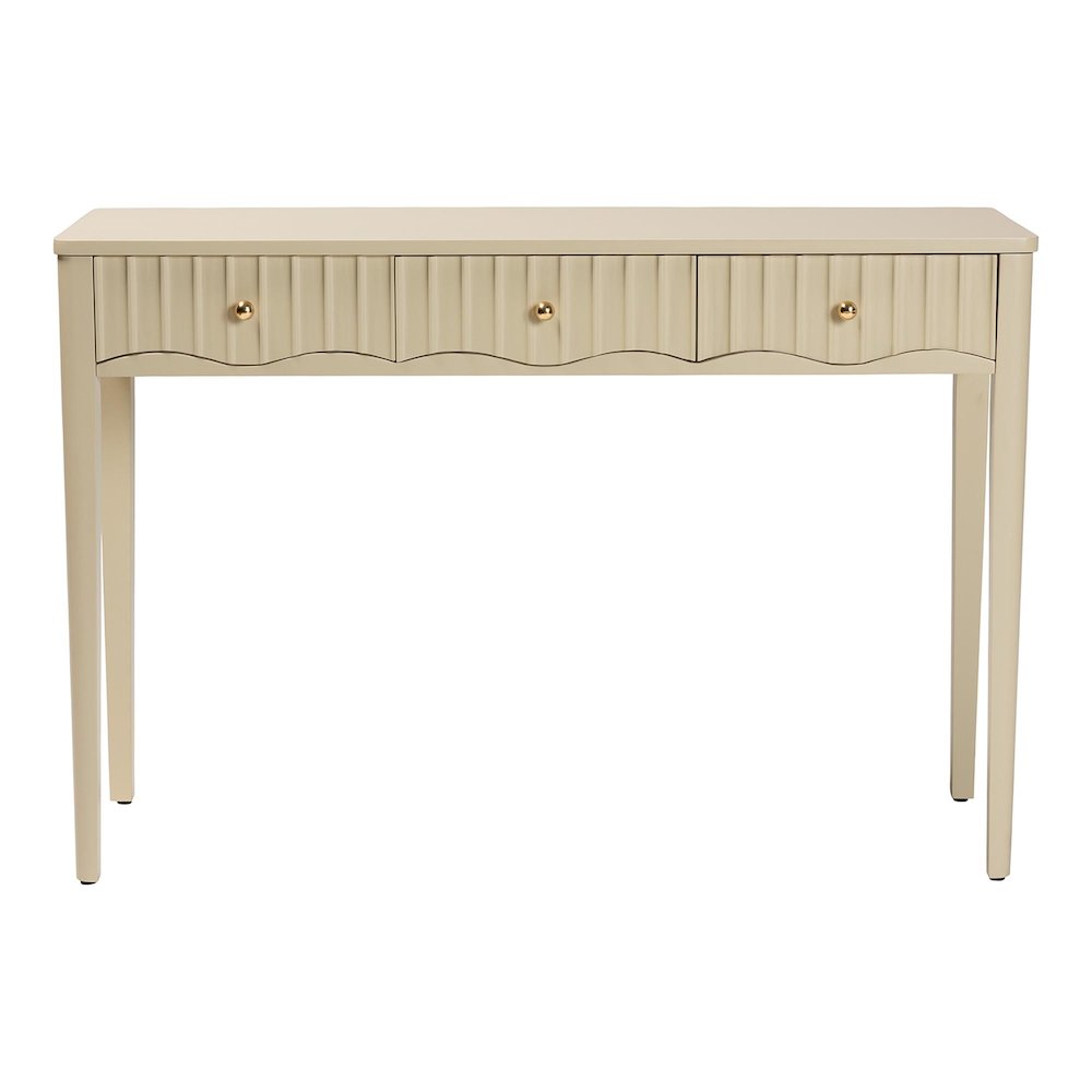 Console Table - 3-Drawer Accent Table with Fluted Wood and Scalloped Framing. Picture 4