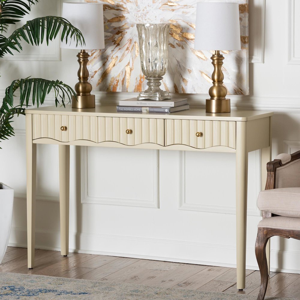 Console Table - 3-Drawer Accent Table with Fluted Wood and Scalloped Framing. Picture 2