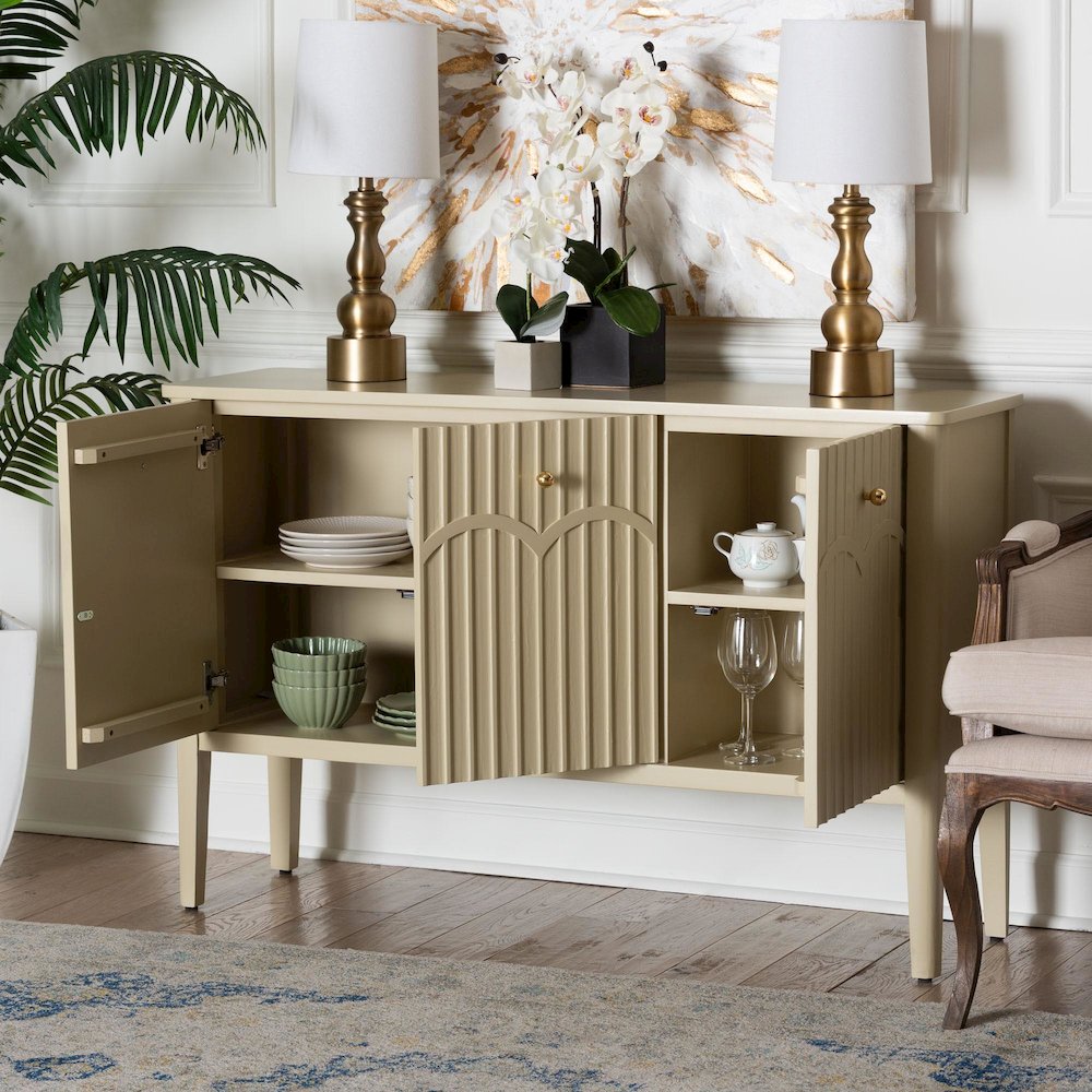 Sideboard - Modern Storage Buffet Console with Fluted Wood and Scalloped Molding. Picture 9