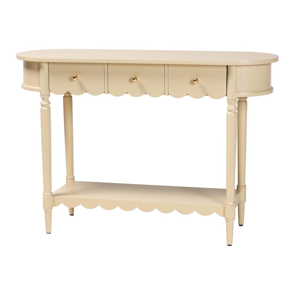 3-Drawer Accent Console Table with Scalloped Detailing and Open Shelf Storage. Picture 1
