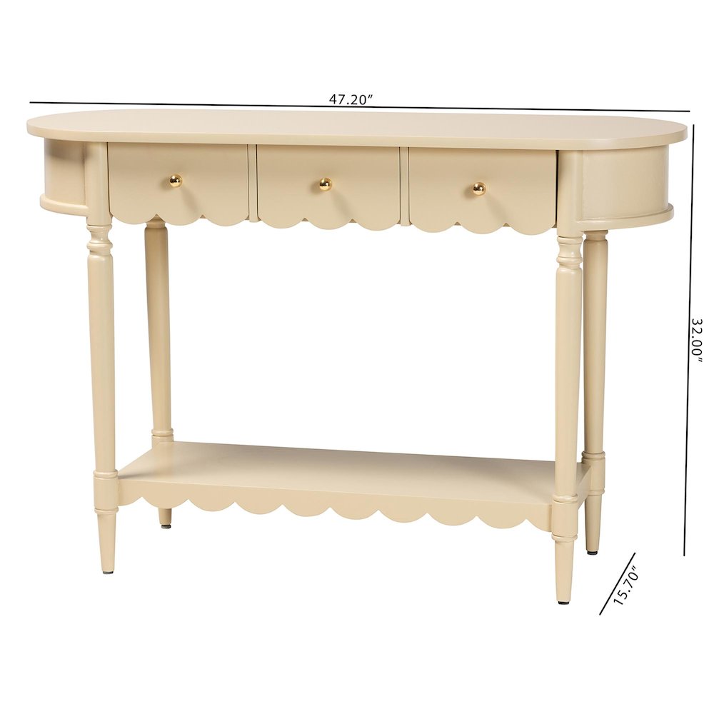 3-Drawer Accent Console Table with Scalloped Detailing and Open Shelf Storage. Picture 11