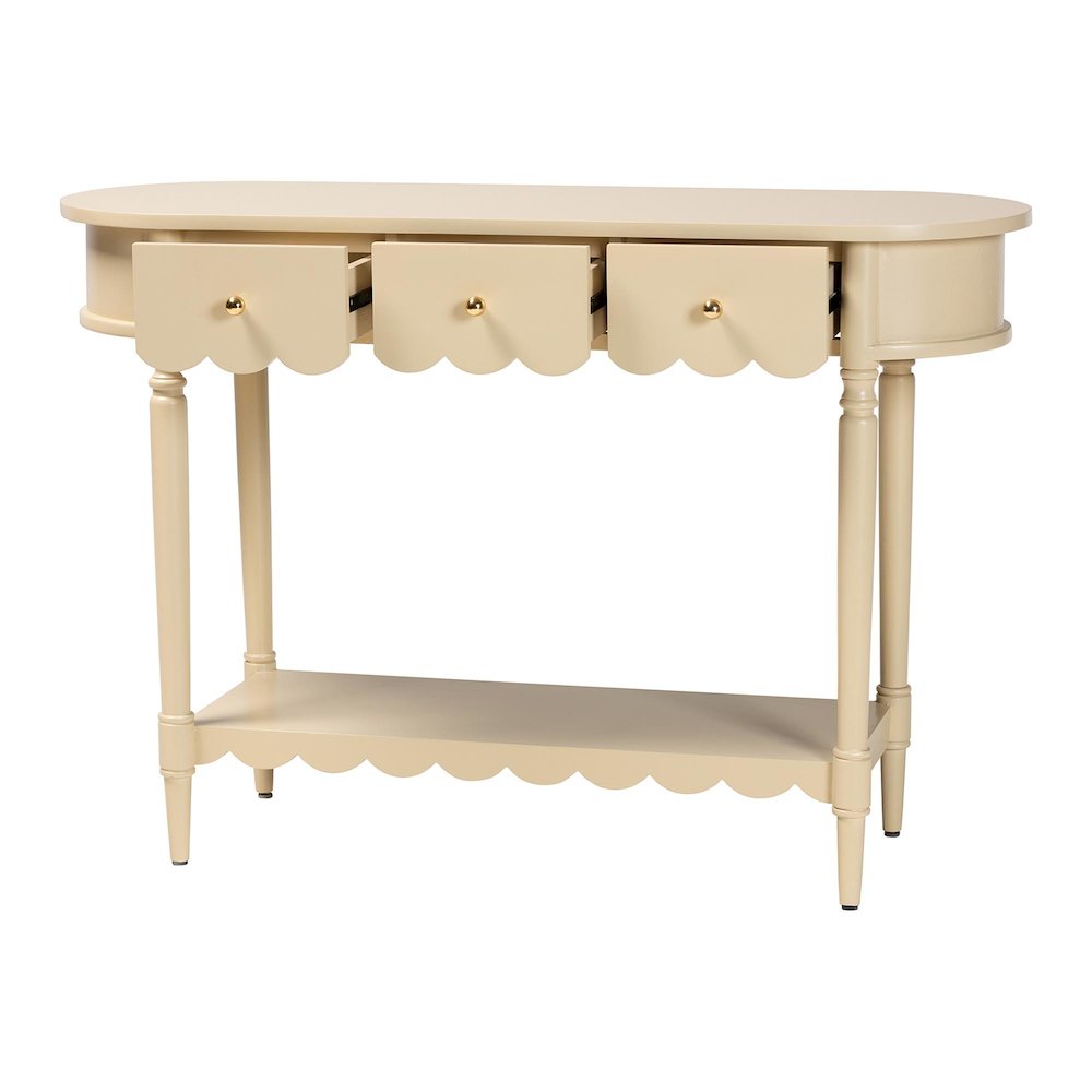 3-Drawer Accent Console Table with Scalloped Detailing and Open Shelf Storage. Picture 3