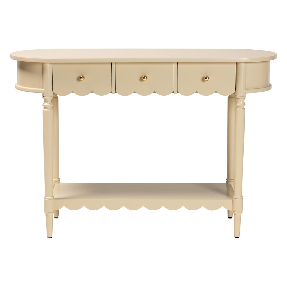 3-Drawer Accent Console Table with Scalloped Detailing and Open Shelf Storage. Picture 4
