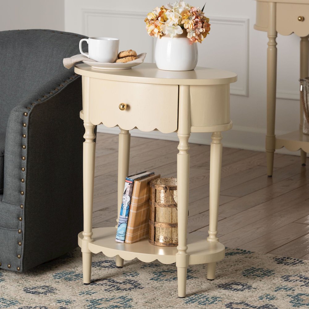 1-Drawer Accent End Table with Scalloped Detailing and Open Shelf Storage. Picture 2