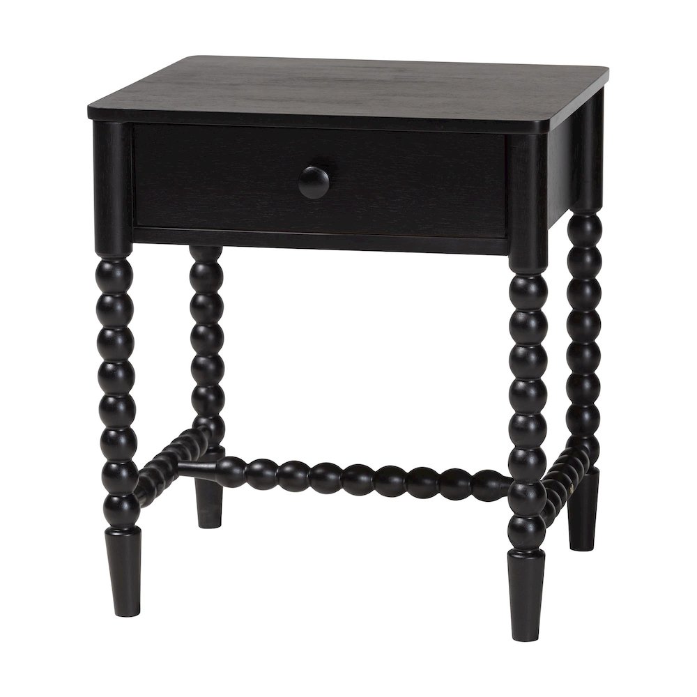 1-Drawer Bedside Table with Beaded Frame and Open Base for Bedroom, Black. Picture 1