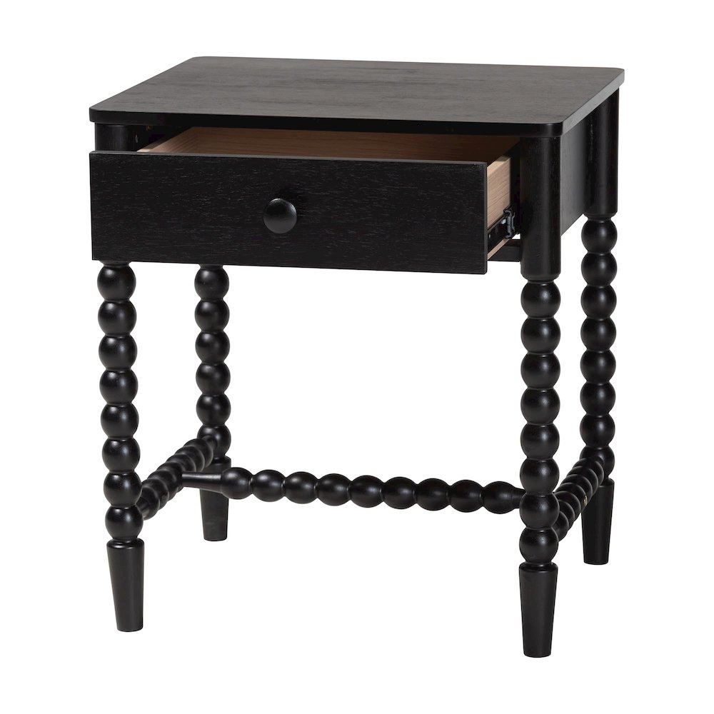 1-Drawer Bedside Table with Beaded Frame and Open Base for Bedroom, Black. Picture 3