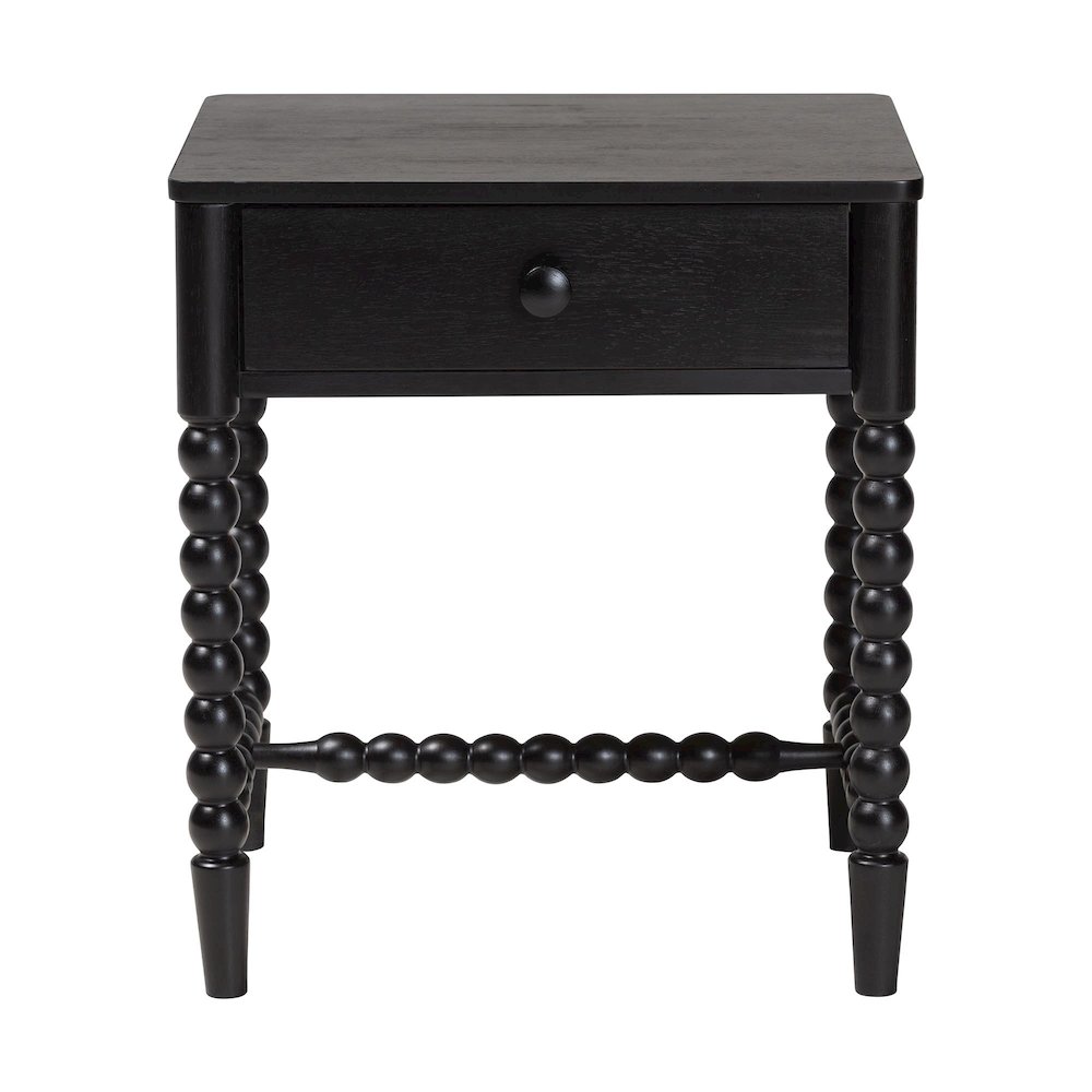1-Drawer Bedside Table with Beaded Frame and Open Base for Bedroom, Black. Picture 4