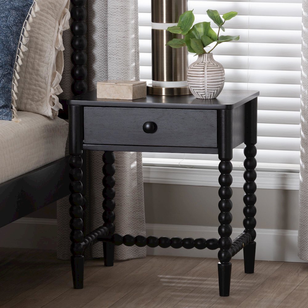 1-Drawer Bedside Table with Beaded Frame and Open Base for Bedroom, Black. Picture 2